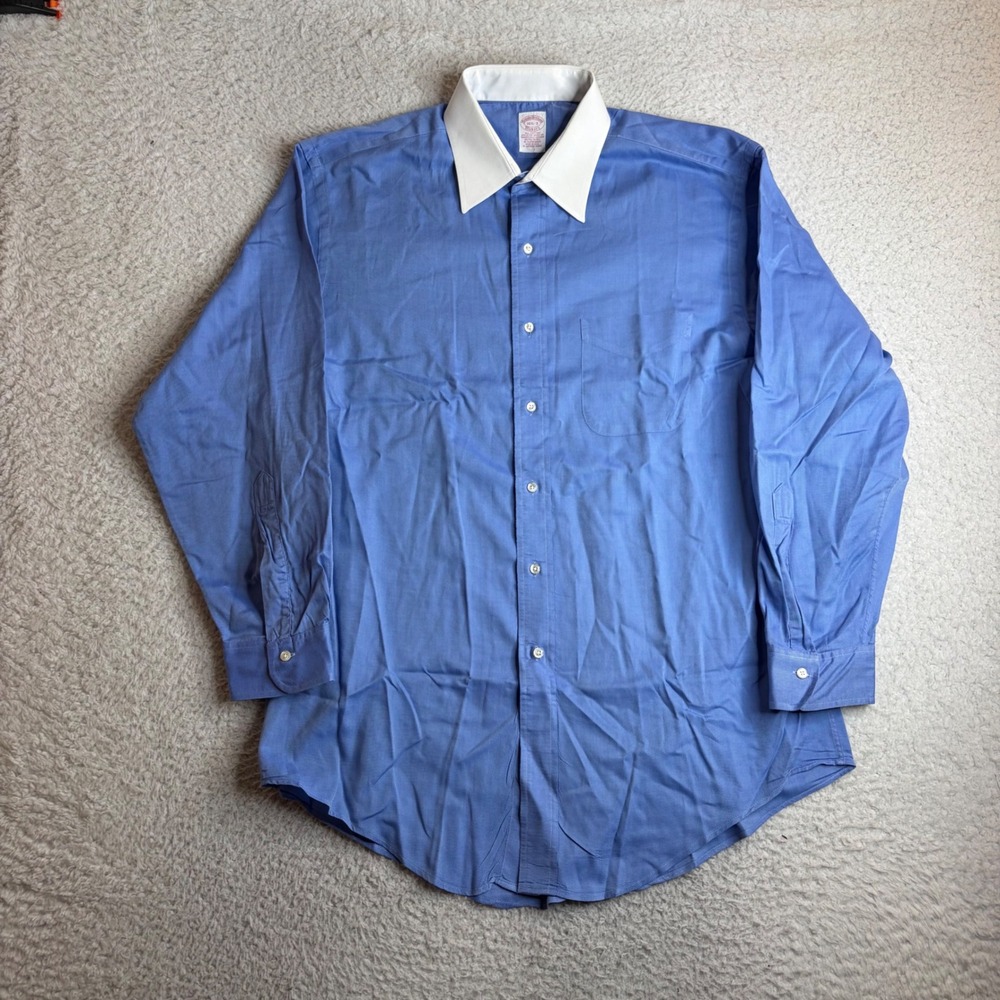 Brooks Brothers Makers Dress Shirt Blue White Contrast Collar Cotton 16.5-3 USA